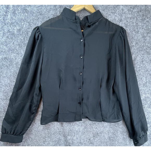 David Benjamin Shirt Womens Large Black Ruffle Button Back Lace Sheer - Picture 5 of 6